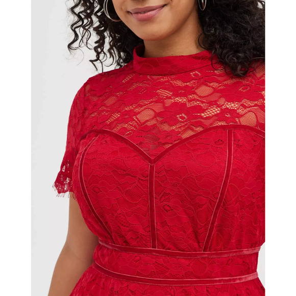 Torrid Mock Neck Fit & Flare Mini Dress Lace Jester Red Velvet Trim Plus Size 26 - Picture 3 of 16